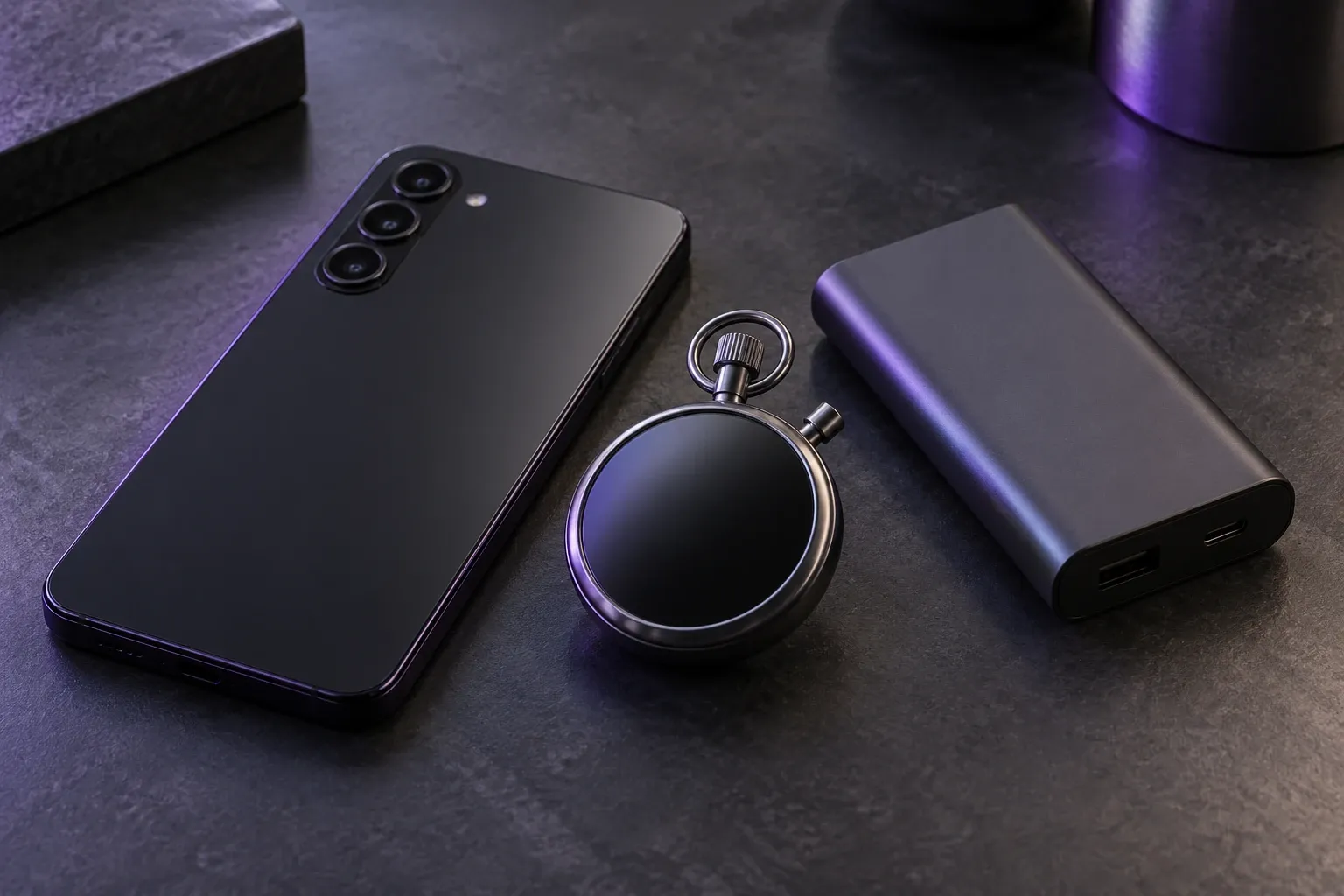 Phone, stopwatch and power bank illustrating performance and battery measurement