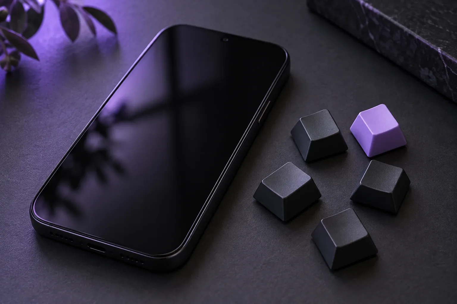 Phone beside blank keycaps illustrating keyboard input and privacy