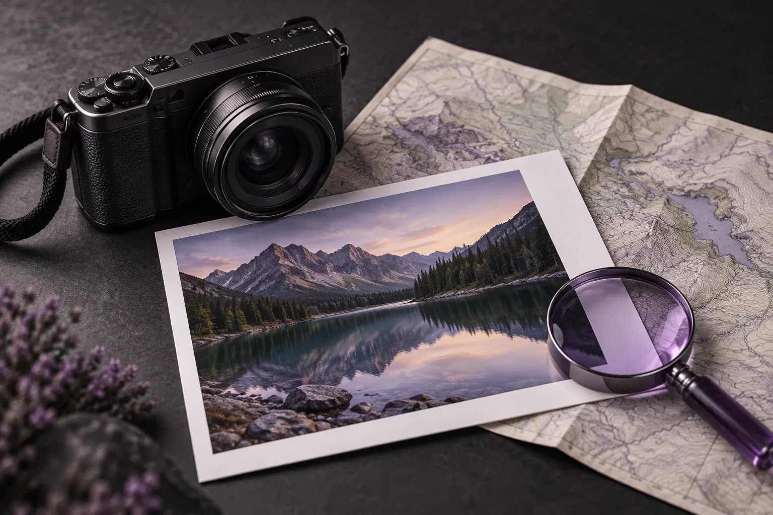Camera, printed landscape photo and map illustrating photo-location metadata