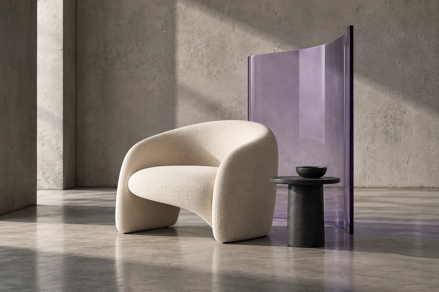 Sculptural cream chair beside a lavender glass panel