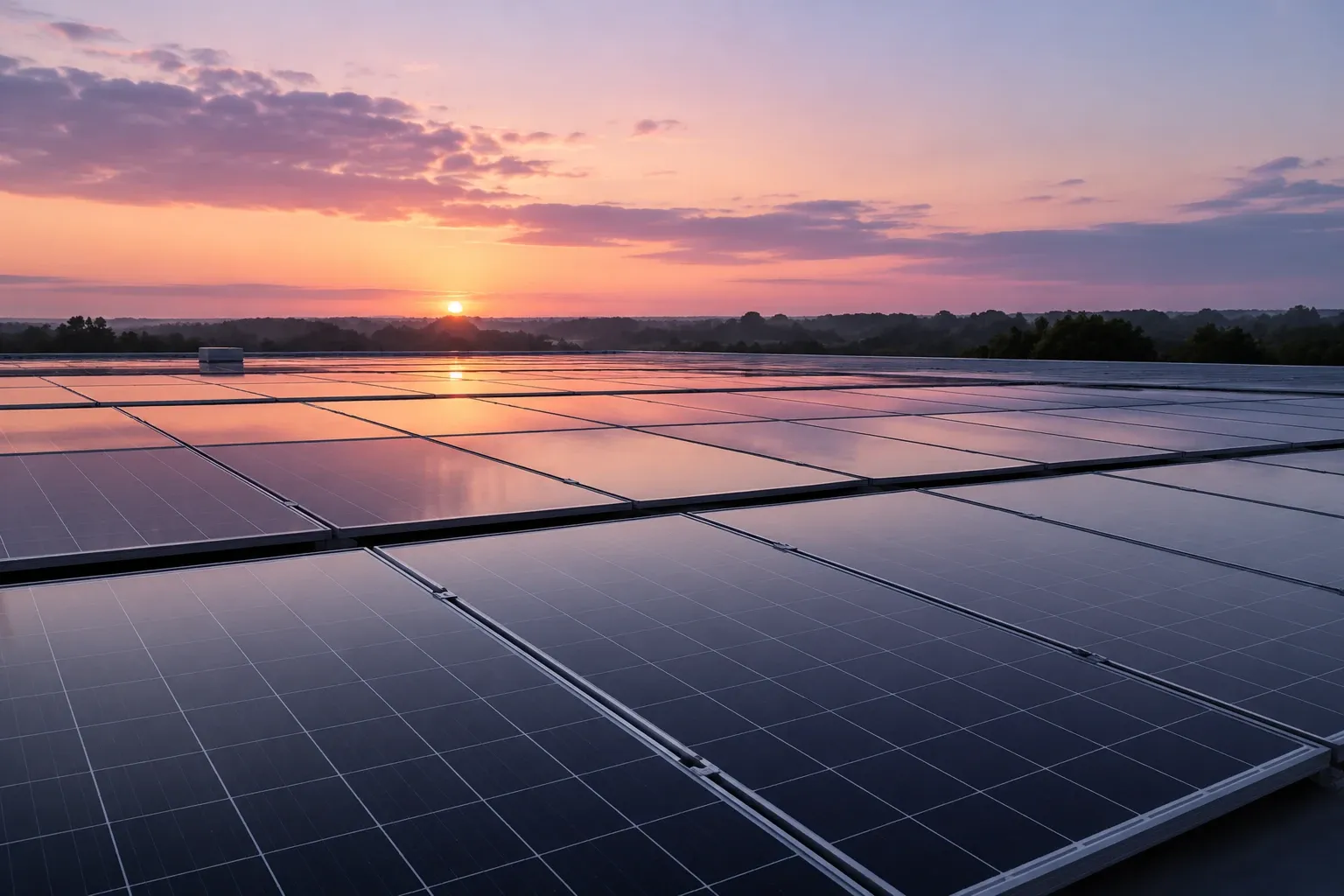 Solar panels reflecting the sky at dawn