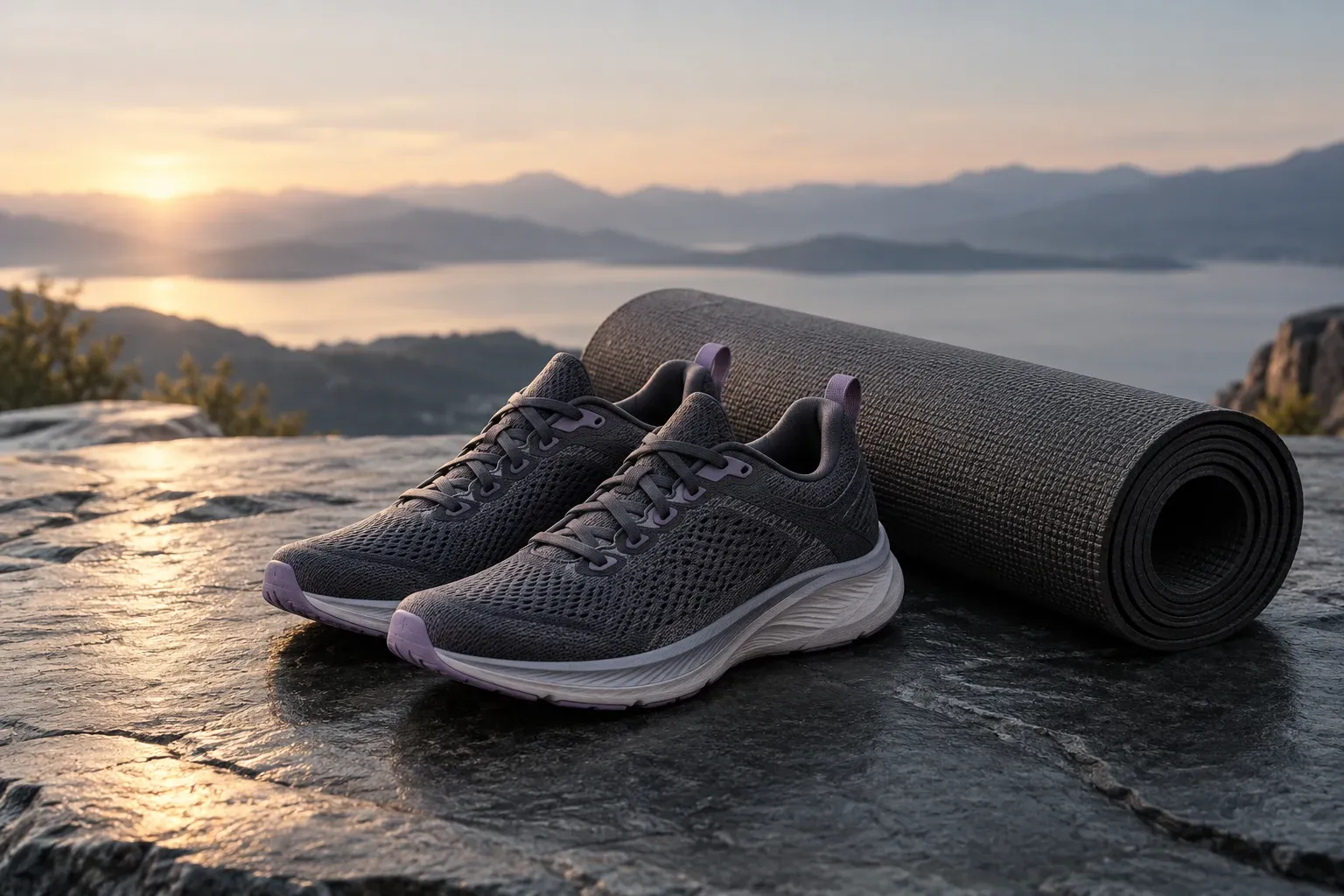 Running shoes and an exercise mat at sunrise