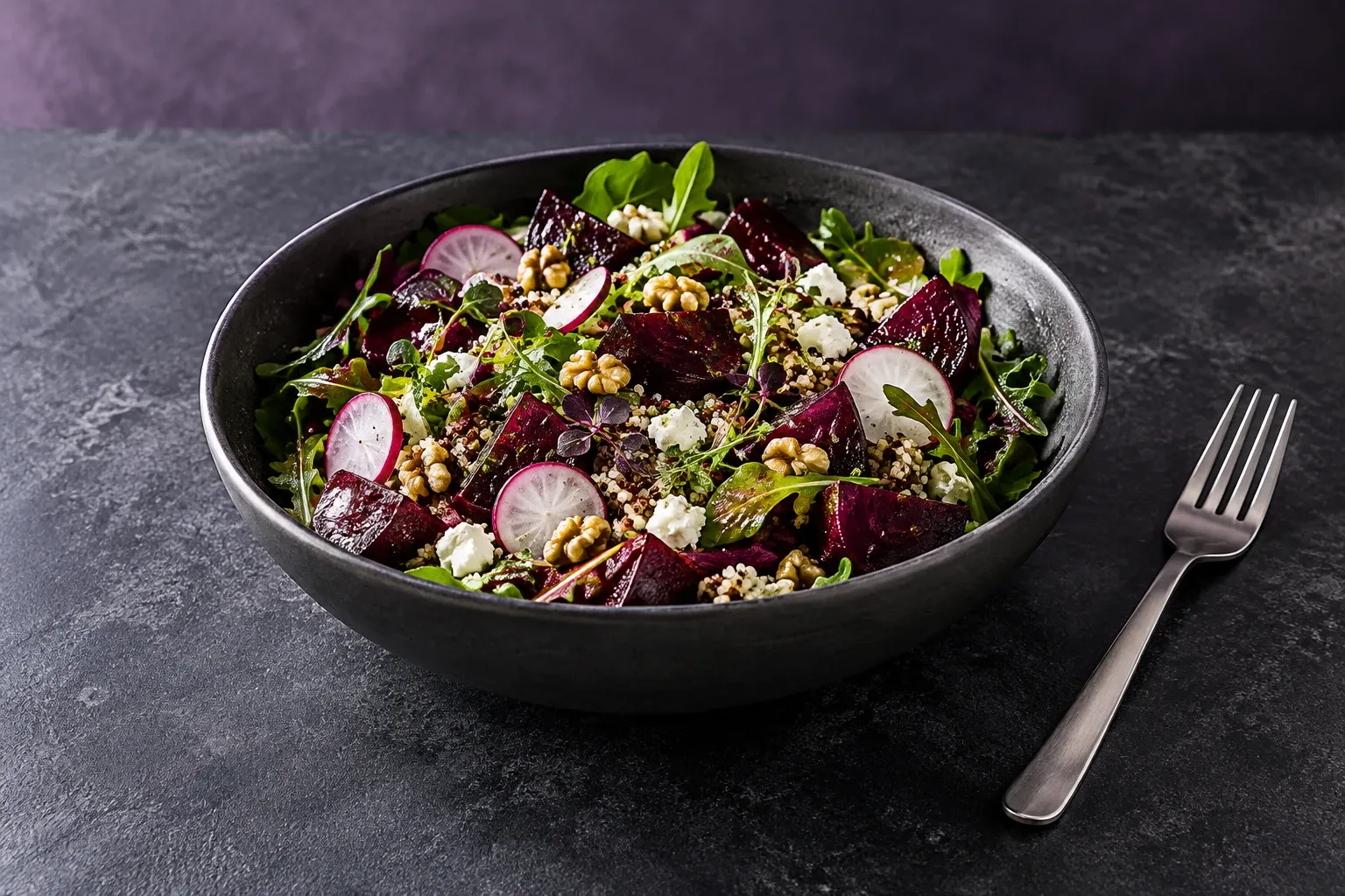 Fresh beetroot and grain salad in a charcoal bowl