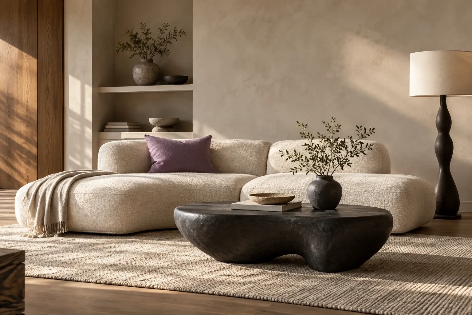 Calm living room with warm textures and a violet accent