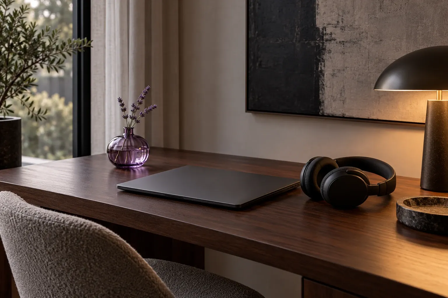 Minimal home workspace with a closed laptop and headphones