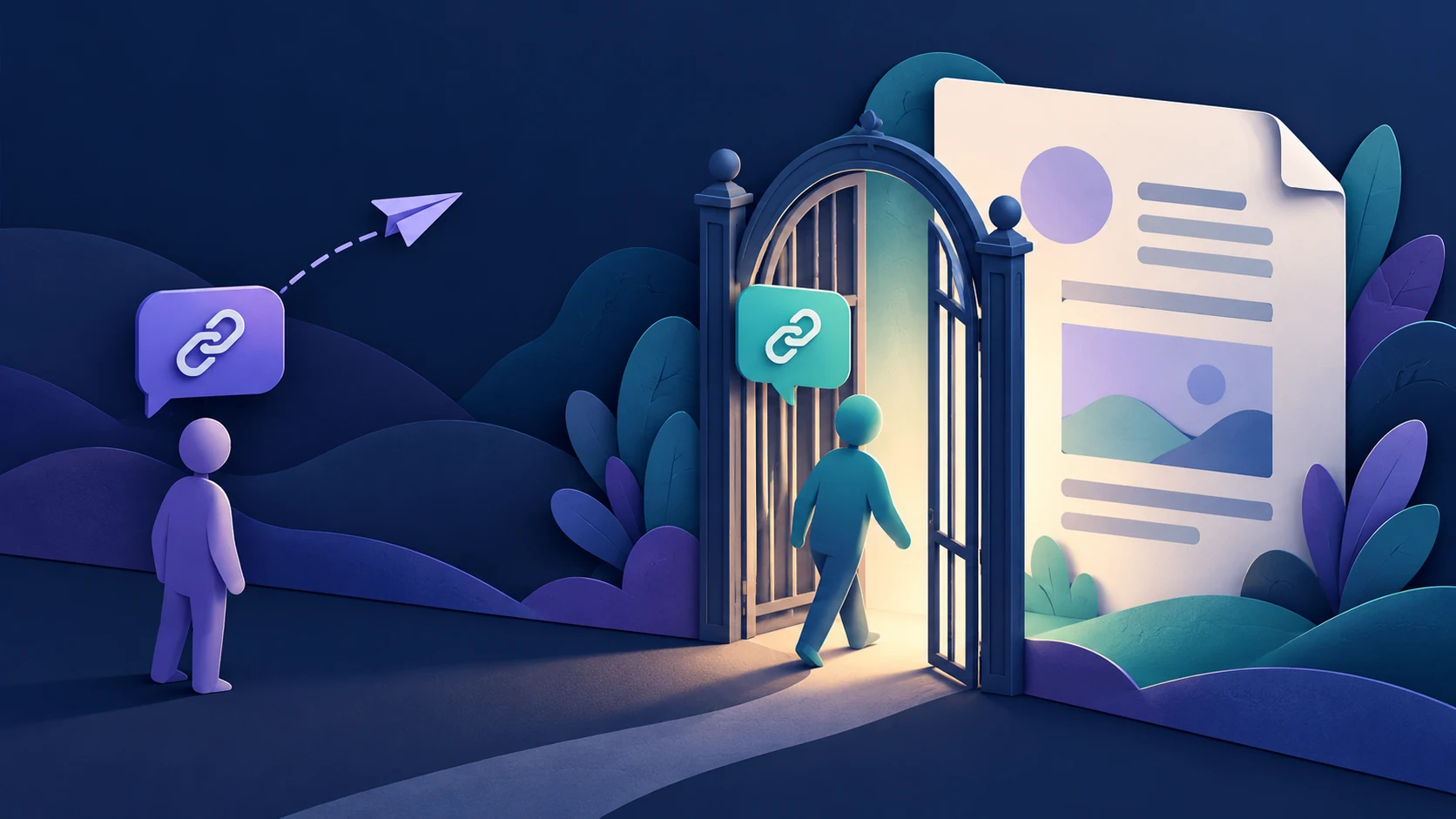 Un documento dietro una barriera di accesso separata, con una persona invitata a leggerlo e un link inoltrato all’esterno della barriera.