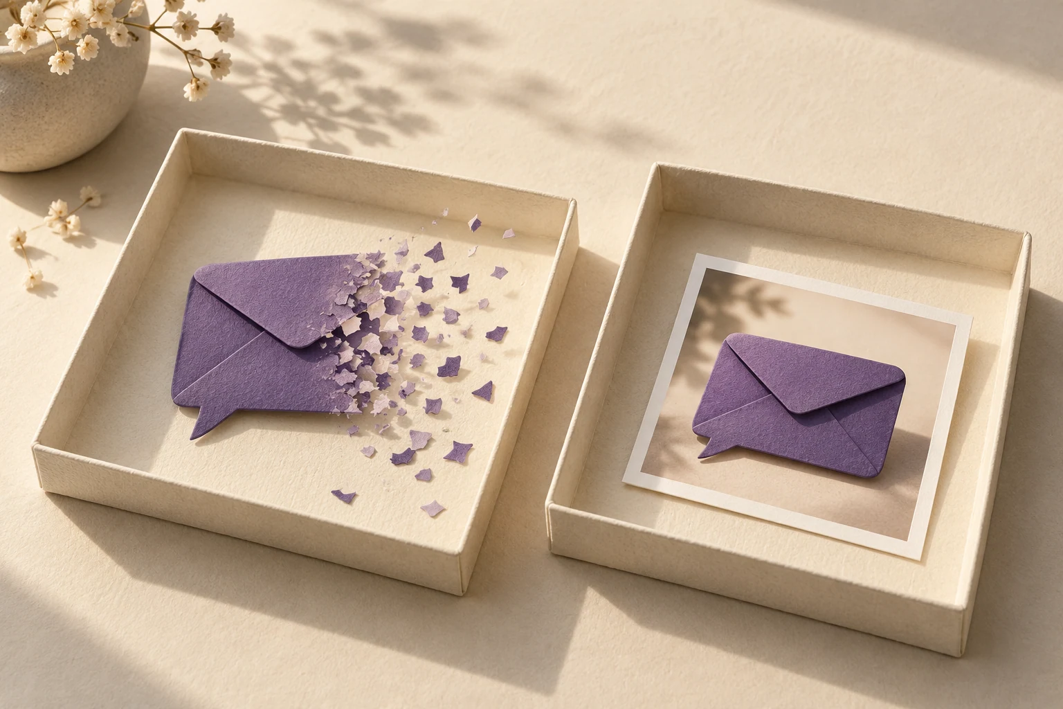 Editorial paper illustration of a message being removed from one tray while a separate copy remains in another.