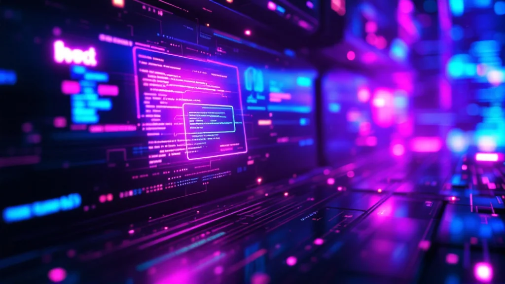 Konzeptdarstellung von Code- und Datenfenstern in einer blau und violett beleuchteten Umgebung