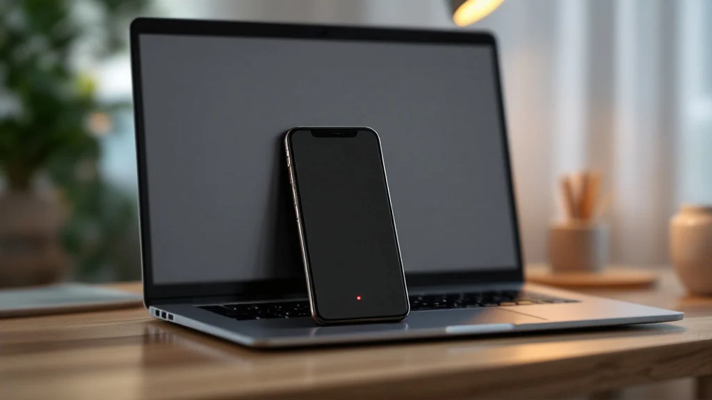 A phone on a desk beside a laptop, the phone's screen blanked to a flat dark panel and the same window mirrored on the laptop blocked out in grey, illustrating how a capture block hides an app's conte