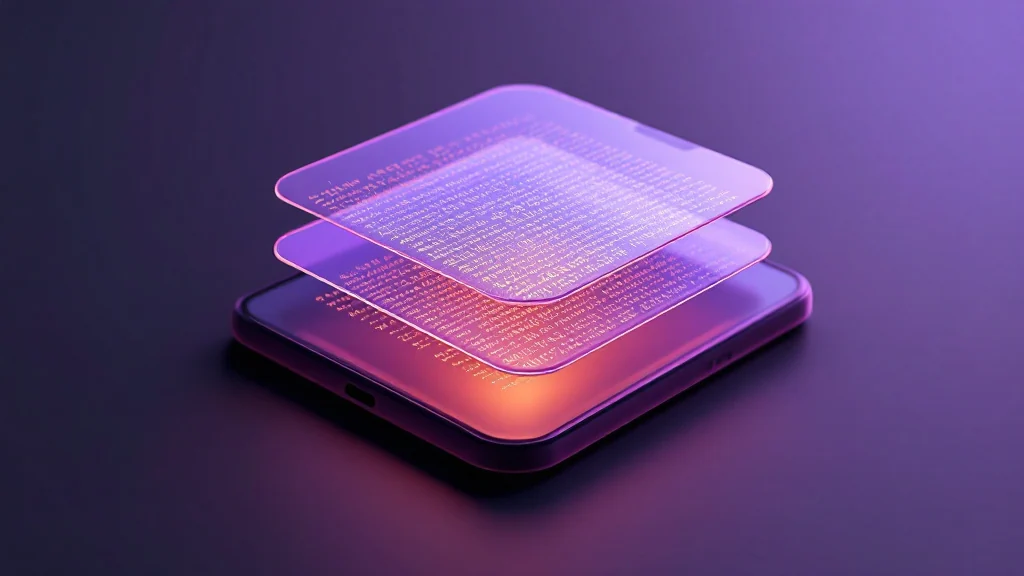 A three-layer cutaway of a phone showing a keyboard layer at the bottom feeding a plain stream of characters into a chat layer, which then passes a scrambled stream upward into an encrypted channel la