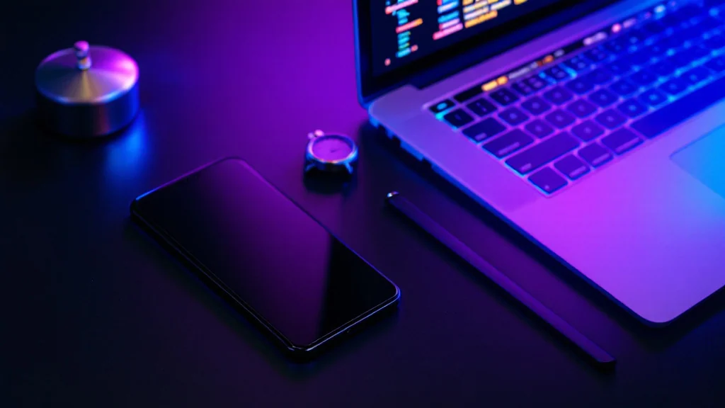 A smartphone on a desk beside a laptop showing a scrolling list of key-exchange timing lines, with a stopwatch between them, illustrating a handshake performance measurement.
