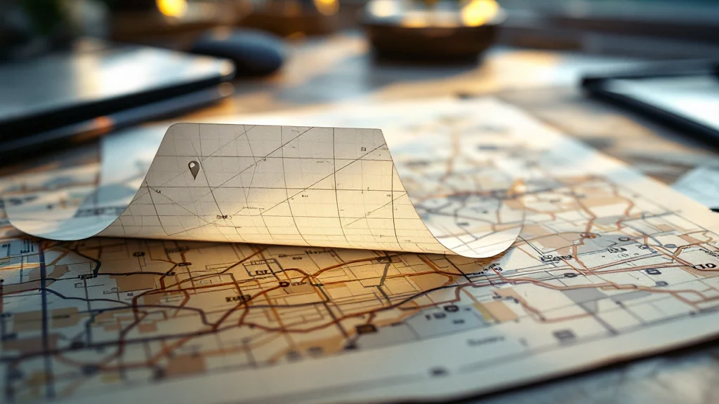 A printed photograph of a street corner being peeled back at one corner to reveal a translucent layer of coordinate grid lines and a small map pin hidden beneath the image